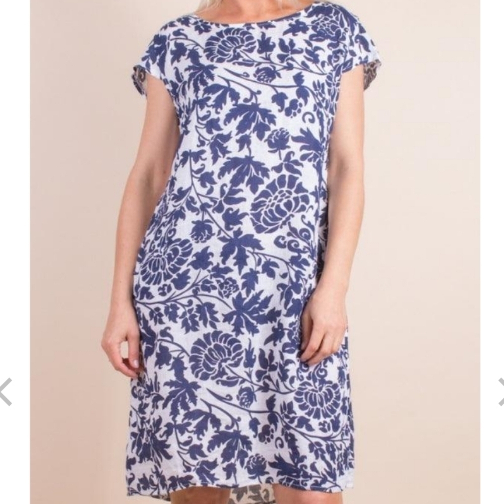 Gigi Moda Italy Sardinia Linen Cap Sleeve Floral Lagenlook Midi Shift Dress O/S